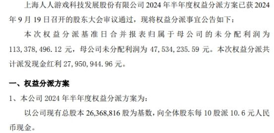 IM电竞官网：人人游戏2024年半年度权益分派每10股派现106元 共计派发现金红利279509万元(图1)